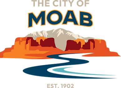 Grand canyon landscape with winding river and "The City of Moab" text