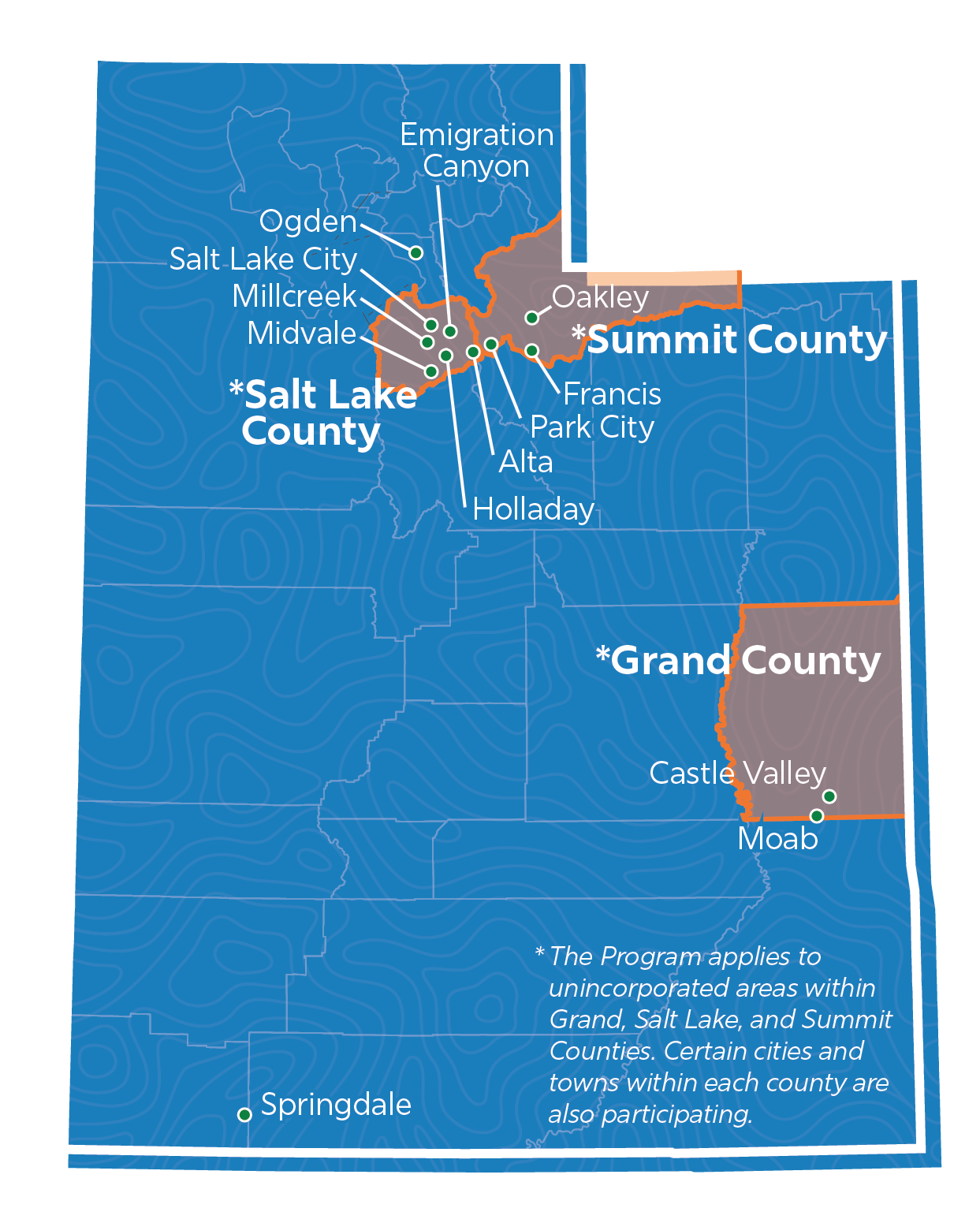 A map of Utah showing the geographic dispersion of the 16 communities participating in the Community Clean Energy Program. The 16 communities are labeled on the map, including Ogden, Oakley, Francis, Park City, Summit County, Salt Lake County, Alta, Emigration Canyon, Millcreek, Midvale, Salt Lake City, Holladay, Grand County, Castle Valley, Moab, and Springdale.